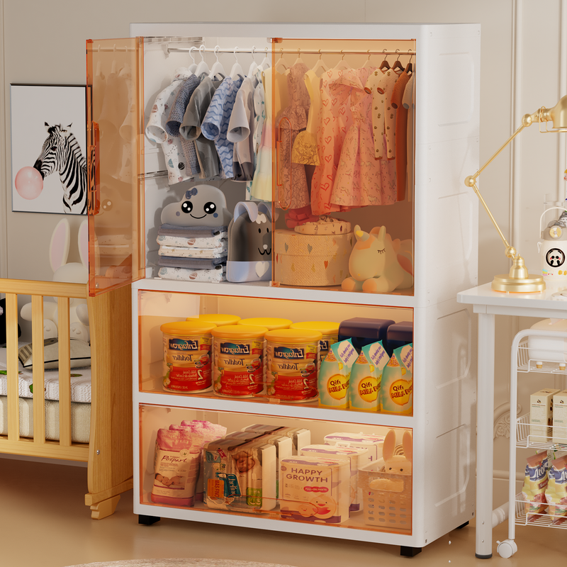 400Qt Super Large Storage Bins with Door and Wheels, Kids Closet Organizer with Hanging Rod, White