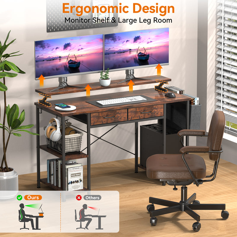 MONVANE® Sturdy Computer Desk with Drawer, Ergonomic 47" Office Desk with Shelves, Writing Gaming Table for Home Office (Include Monitor Stands, Fabric File Cabinet, 2 Hooks) - Rustic Brown - (GTIN:09797164476659)