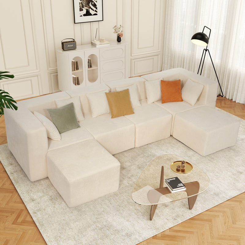 Beige Modular Sectional Sofa, Oversized U Shaped Couch with 27.5" Deep Seats, Convertible Comfy Sectional Couches for Living Room, 6-Piece Chenille Cloud Sofa Set with Ottomans & Pillows