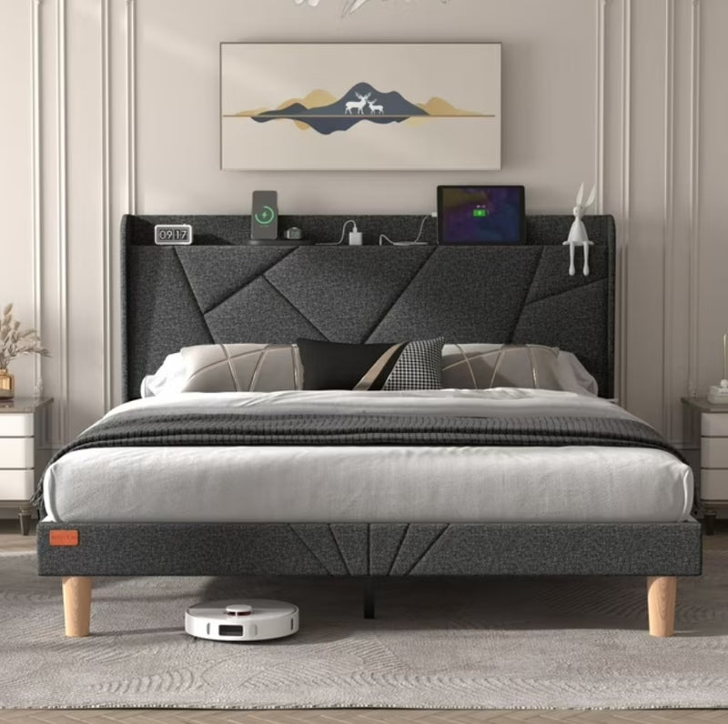Queen Size Bed Frame with Storage Headboard, LED Lights and Built-in Charging Station, Modern Upholstered Platform Bed with Shelves, No Box Spring Needed – Dark Gray