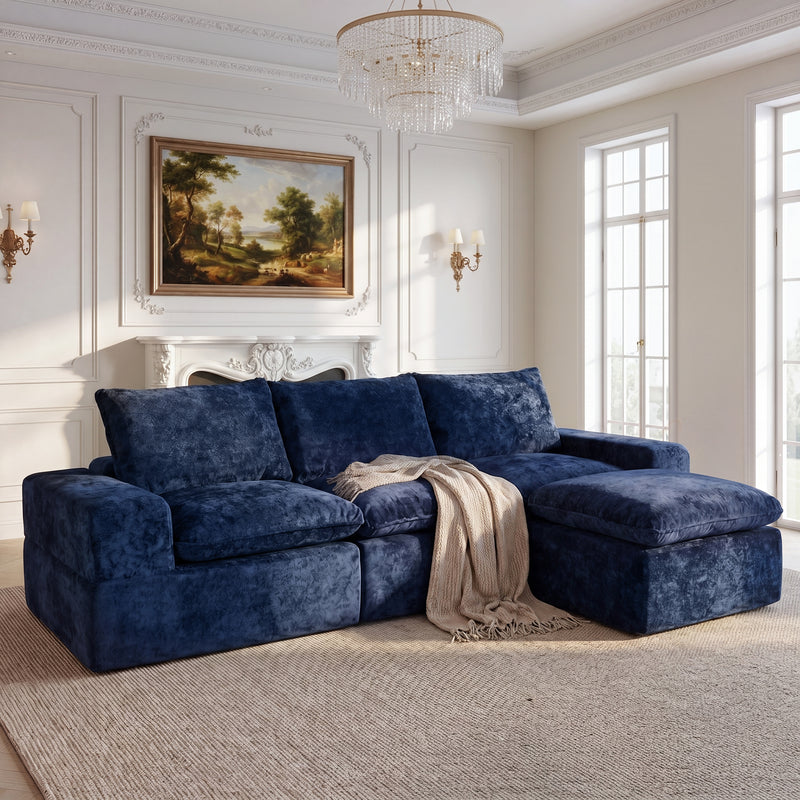 BEHOST 4-Piece 102" L-Shaped Modular Sectional Sofa, Velvet Cloud Sleeper Couch with 2 Movable Ottomans, Deep Seat Living Room Furniture Set,Navy Blue