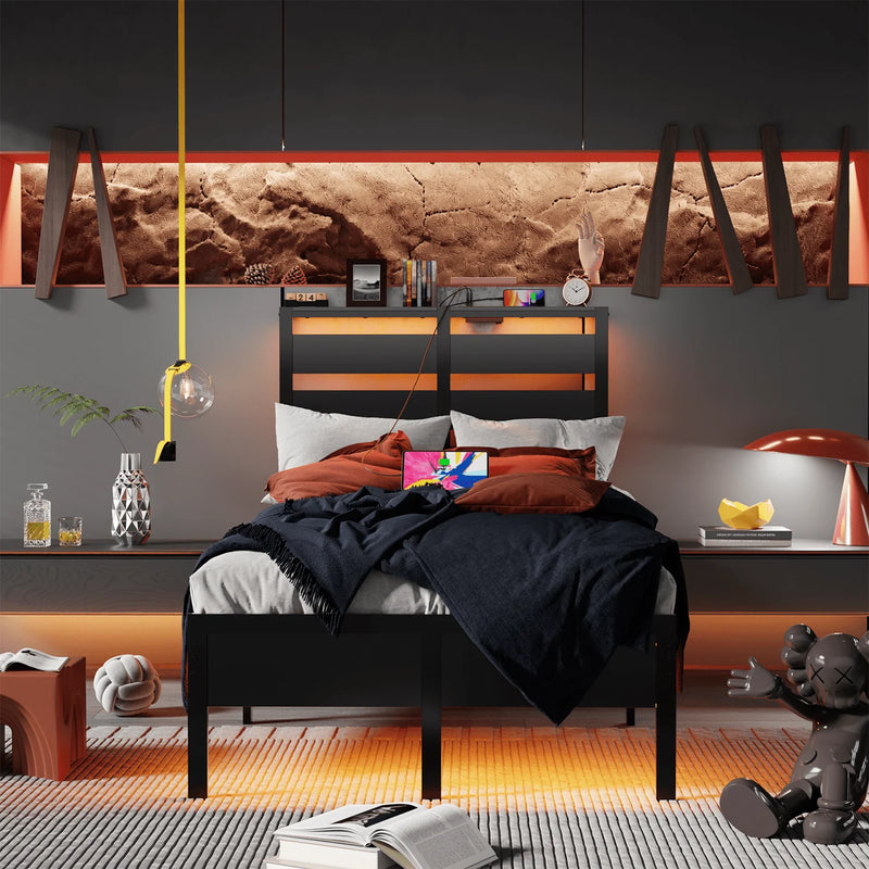 Behost Metal Platform Bed Frame with Storage Headboard, LED Lights and Charging Station, Twin Size, Black