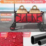 Collapsible Camping Wagon, Vecukty Portable Foldable Cart with All Terrain Solid Wheels, Heavy Duty Folding Utility Grocery Wagon with 150lbs, for Shopping,Sports,Fishing,Beach,Garden,Black
