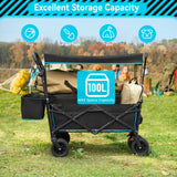 Collapsible Camping Wagon Garden Cart with Removable Canopy, Keenstone Foldable Outdoor Wagon Utility Carts with Fat Wheels and Rear Storage, for Grocery Shopping Cart,Black-09797164500569