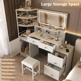Eunon Large Makeup Vanity Desk with Extral Large Mirror & LED Light,Vanity Dressing Table with Power Strip,Adjustable Lighting,Storage Shelves & 5 Drawers,Cushioned Stool for Bedroom, Dressing Room