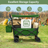 Collapsible Garden Wagon Cart with Removable Canopy, VECUKTY Foldable Wagon Utility Carts with Wheels and Rear Storage, Wagon Cart for Garden Camping Grocery Shopping Cart, Green
