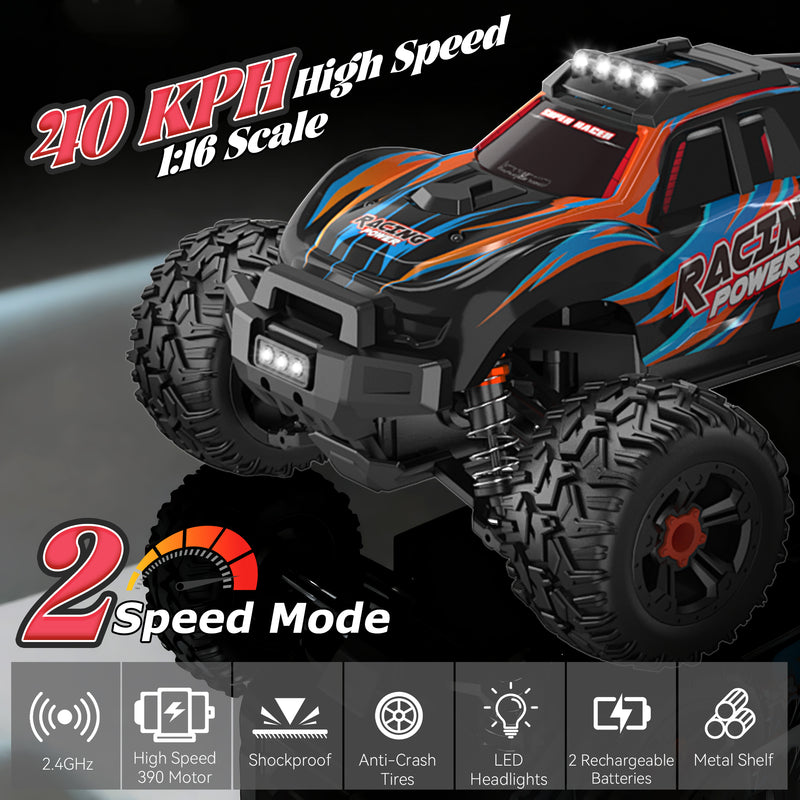 Vecukty 1:16 Scale High Speed Remote Control Car，40 KPH High Speed，All Terrain 4WD Off-Road Truck with 2.4 GHz Remote Control & 2 Batteries ，Gift for Adults Boys，Orange