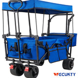 Collapsible Garden Wagon Cart with Removable Canopy, Keenstone Foldable Wagon Utility Carts with Wheels and Rear Storage, Wagon Cart for Garden Camping Grocery Shopping Cart,Blue