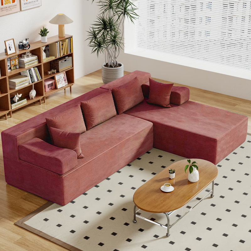 Behost 140" Modular Sectional Sofa for Living Room, Corduroy Cloud Couch for Adults, Red