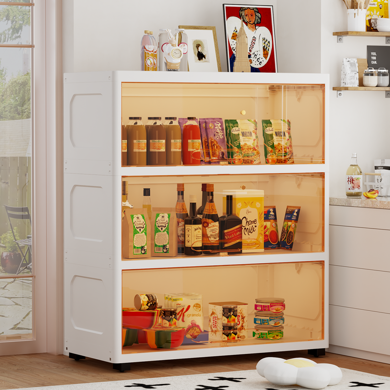 282Qt Stackable Large Plastic Storage Bins with Lids, 3 Tier Closet Organizer with Doors and Wheels, White