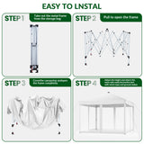 Vecukty 10x10ft Pop Up Canopy Tent with Removable Mesh Mosquito Sidewalls, Remote-Controlled 8-Color LED Lights ,Instant Outdoor Shelter Gazebo Tent, White