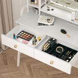 Eunon Vanity Desk with LED Lighted Mirror & Power Outlet, Makeup Table with Drawers & Adjustable Cabinet,Storage Stool,for Bedroom, Dressing Room,White