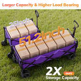Vecukty 51.2" Large Collapsible Folding Wagon Cart, 560 lbs Load Capacity, Heavy-Duty Steel Frame & Oversized Wheels for Grocery Shopping, Camping, Sports, Moving – Purple