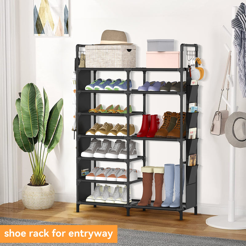 Keenstone 7-Tier Stackable Shoe Rack, Shoes Shelf Storage Organizer with Hooks and Side Pockets, 49"H Shoes Holder, Closet Storage for Entryway, Hallway, Bedroom - Black