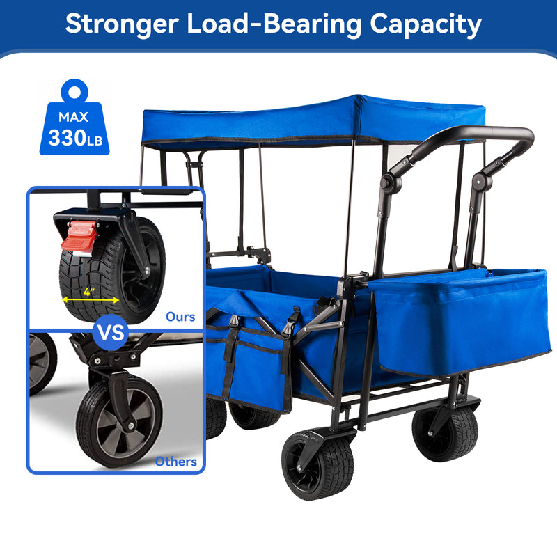 Collapsible Garden Wagon Cart with Removable Canopy, Keenstone Foldable Wagon Utility Carts with Wheels and Rear Storage, Wagon Cart for Garden Camping Grocery Shopping Cart,Blue