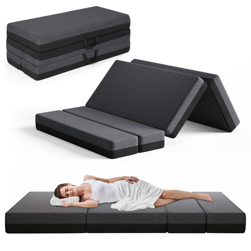 4-inch Full Size 5-in-1 Quad-fold Convertible Sleeper Sofa Bed, Foldable Floor Mattress Longer Chaise Ottoman Futon Sofa Couch for Apartment Dorm Guest Room Camping RV, Dark Gray