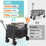 Collapsible Camping Beach Wagon, VECUKTY 350L Garden Cart, Heavy Duty Utility Fold Wagon with Big Wheel & Side Pickets for Garden, Camping, Sport, Shopping