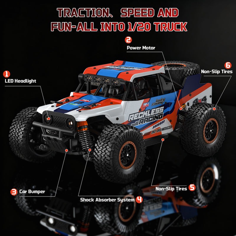 Vecukty 1:20 Scale High Speed Remote Control Car，32 KPH High Speed，All Terrain 4WD Off-Road Truck with 2.4 GHz Precise Remote Control & 2 Batteries ，Gift for Adults Boys，Orange
