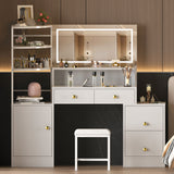 Eunon Large Makeup Vanity Desk with Extral Large Mirror & LED Light,Vanity Dressing Table with Power Strip,Adjustable Lighting,Storage Shelves & 5 Drawers,Cushioned Stool for Bedroom, Dressing Room