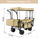 Collapsible Garden Wagon Cart with Removable Canopy, VECUKTY Foldable Wagon Utility Carts with Wheels and Rear Storage, Wagon Cart for Garden Camping Grocery Shopping Cart, Beige