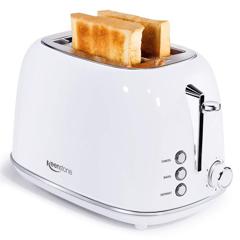 Keenstone Retro 2 Slice Toaster Stainless Steel ,with Bagel, Cancel, Defrost Fuction and Extra Wide Slots Toasters, 6 Shade Settings,Removable Crumb Tray, White