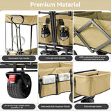 Collapsible Garden Wagon Cart with Removable Canopy, VECUKTY Foldable Wagon Utility Carts with Wheels and Rear Storage, Wagon Cart for Garden Camping Grocery Shopping Cart, Beige