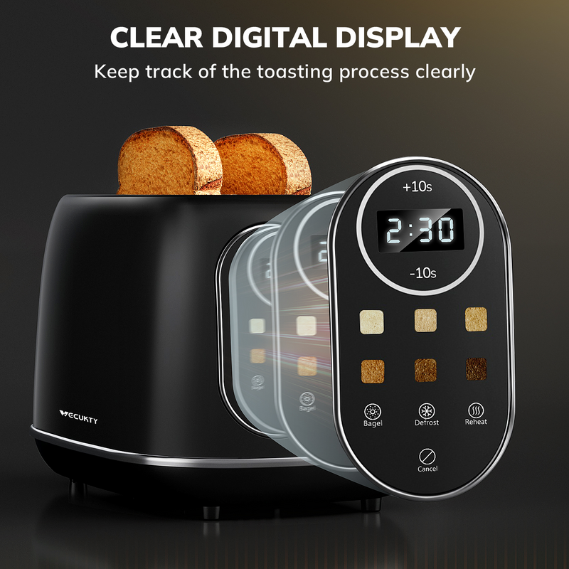 2 Slice Touchscreen Smart Toaster, Stainless Steel Bagel Toaster with Control Panels, 6 Shade Settings, Defrost, Reheat Function, Removable Crumb Tray
