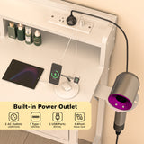 Eunon Makeup Vanity Desk with Mirror & Lights,Vanity Table with Fabric Drawers,Power Outlet & Stool,3 Color Modes & Adjustable Brightness Dressing Table, White