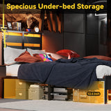 Behost Metal Platform Bed Frame with Storage Headboard, LED Lights and Charging Station, Twin Size, Black