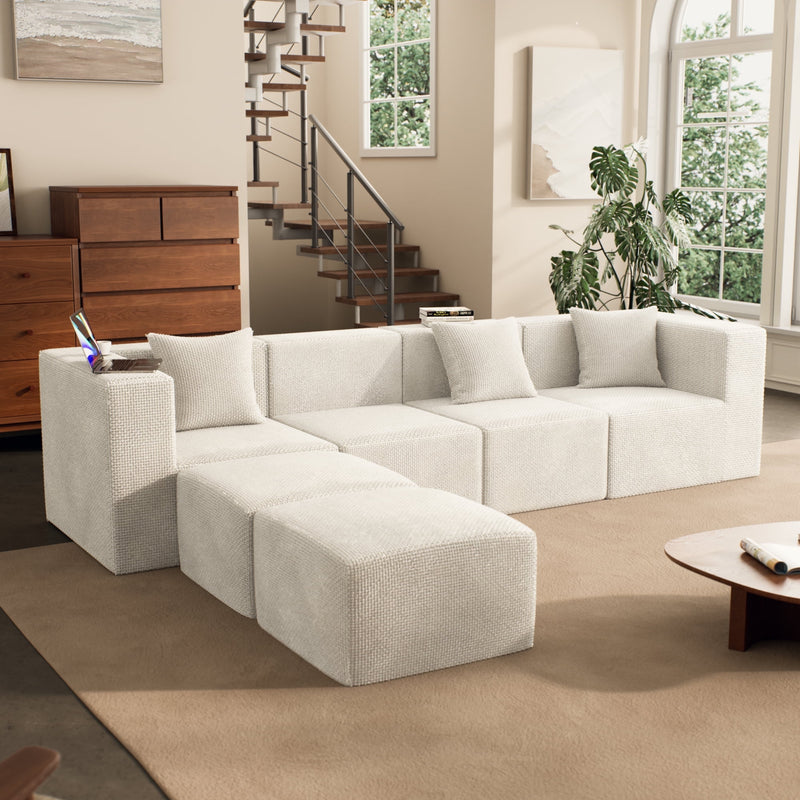 Beige Modular Sectional Sofa, Oversized Chenille Cloud Sofa Set with Ottomans