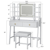 Eunon Vanity Desk with LED Lighted Mirror & Power Outlet, Makeup Table with Drawers & Adjustable Cabinet,Storage Stool,for Bedroom, Dressing Room,White