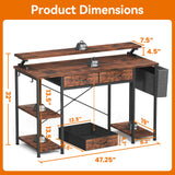 MONVANE® Sturdy Computer Desk with Drawer, Ergonomic 47" Office Desk with Shelves, Writing Gaming Table for Home Office (Include Monitor Stands, Fabric File Cabinet, 2 Hooks) - Rustic Brown - (GTIN:09797164476659)