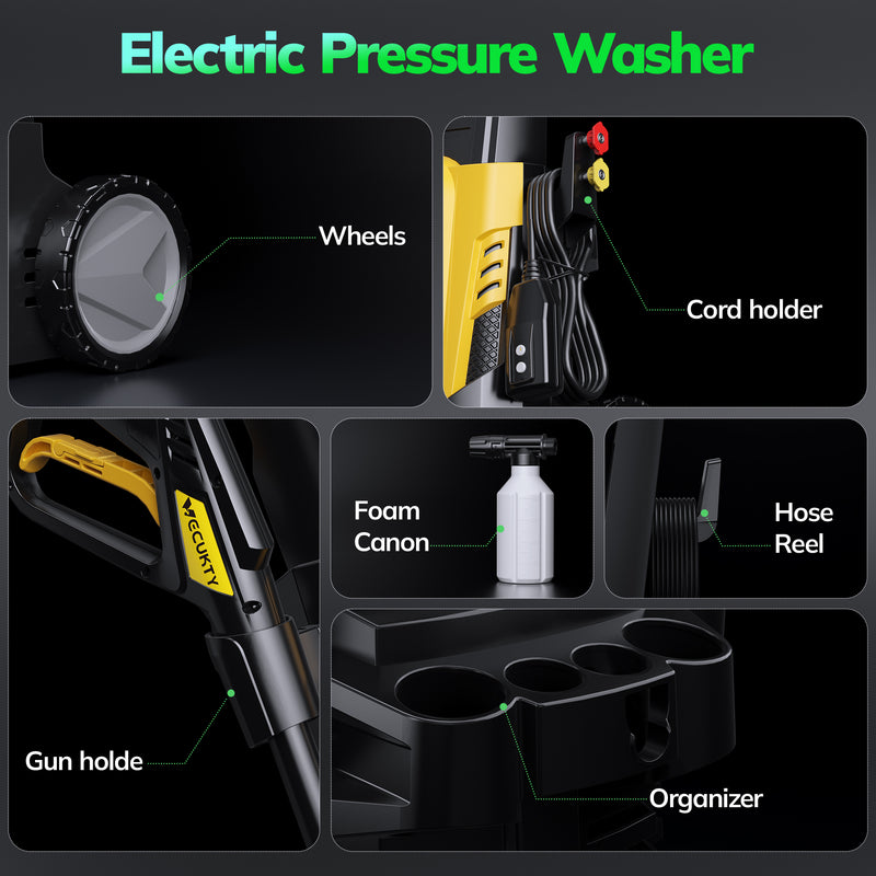 VECUKTY Electric Pressure Washer,3700 PSI Max 2.5 GPM Power Washer with 35FT Cord,20FT Hose,4 Quick Nozzles,Foam Cannon for Car Garden Patio