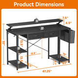 MONVANE® Sturdy Computer Desk with Drawer, Ergonomic 47" Office Desk with Shelves, Writing Gaming Table for Home Office (Include Monitor Stands, Fabric File Cabinet, 2 Hooks) - Black -(Gtin:09797164476666_
