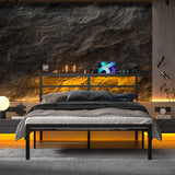 Behost Full Size Headboard with LED Lights and Power Outlet, Sturdy and Stable Metal Storage Shelves Headboard, Black