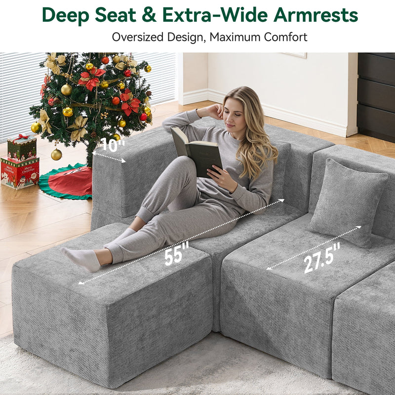 BEHOST 102.5" Gray Chenille Comfy Cloud Couch, Modular Sectional Sofa for Living Room with 4 Pillows