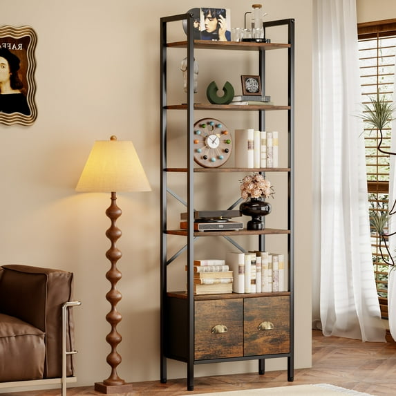 BEHOST 6-Tier Storage Rack Bookshelf with 2 Fabric Drawers, Tall Metal Frame bookcase for living room and Office, Rustic Brown