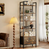 BEHOST 6-Tier Storage Rack Bookshelf with 2 Fabric Drawers, Tall Metal Frame bookcase for living room and Office, Rustic Brown