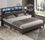 MONVANE Queen Bed, Upholstered Bed Frame with Drawer and Charging Station, Grey