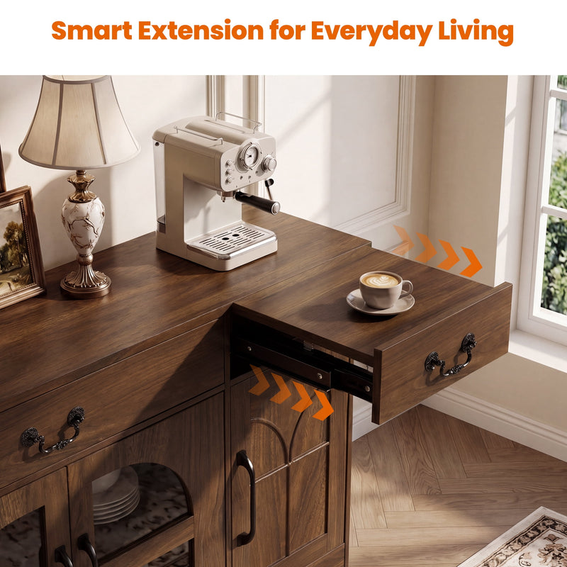 Keenstone Sideboard Buffet Cabinet, 55.1" W Expandable Desktop Storage with 2 Drawers, 4 Doors, and Adjustable Shelves, Dark Brown