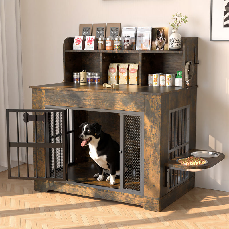 Behost 34" Industrial Dog Crate Furniture with Feeding Bowls LED Light Bone Nameplate Double Layer Storage for Large Dogs Rustic Brown