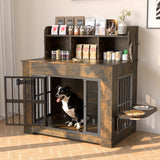 Behost 34" Industrial Dog Crate Furniture with Feeding Bowls LED Light Bone Nameplate Double Layer Storage for Large Dogs Rustic Brown