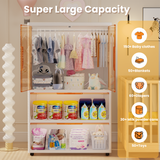 400Qt Super Large Storage Bins with Door and Wheels, Kids Closet Organizer with Hanging Rod, White