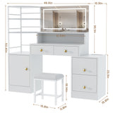 Eunon Large Makeup Vanity Desk with Extral Large Mirror & LED Light,Vanity Dressing Table with Power Strip,Adjustable Lighting,Storage Shelves & 5 Drawers,Cushioned Stool for Bedroom, Dressing Room