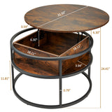Behost Round Lift Top Coffee Table with Storage, Industrial Wood Coffee Table with Metal Frame for Living Room, Rustic Brown