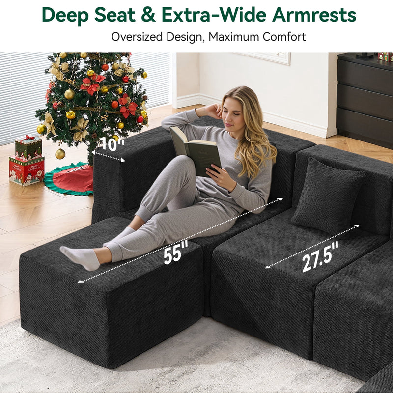BEHOST 2 Modules Sectional Sofa for Living Room, Includes 1 Armless Center Seat + 1 Ottoman + 1 Pillow, Chenille Black