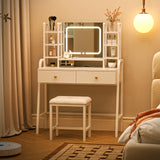 Eunon Vanity Desk with LED Lighted Mirror & Power Outlet, Makeup Table with Drawers & Adjustable Cabinet,Storage Stool,for Bedroom, Dressing Room,White
