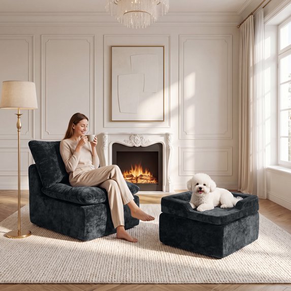 BEHOST Modular Sectional Sofa, Velvet Cloud Sleeper Couch with Ottoman & Built-in Dog Bed, Compact Sofa Bed for Living Room & Small Spaces, Dark Gray