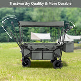 Collapsible Garden Wagon Cart with Removable Canopy, VECUKTY Foldable Wagon Utility Carts with Wheels and Rear Storage, Wagon Cart for Garden Camping Grocery Shopping Cart, Gray