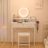 Eunon Makeup Vanity Desk with Mirror & Lights,Vanity Table with Fabric Drawers,Power Outlet & Stool,3 Color Modes & Adjustable Brightness Dressing Table, White